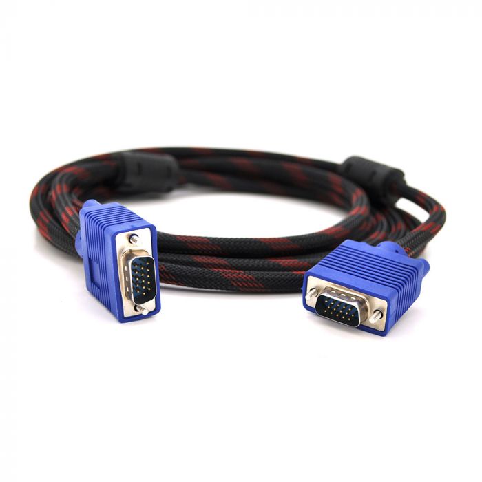 
					Кабель Merlion VGA 3 + 4, 10m, male to male (тато-тато), OD-8.2mm, 2 ферита, обплетення, круглий Black/Red, коннектор Blue