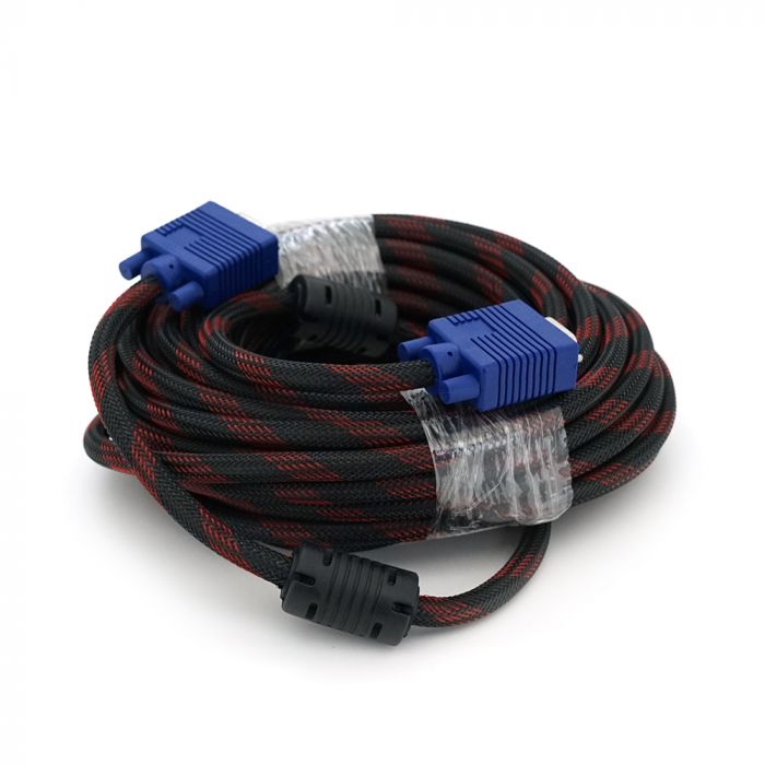 
					Кабель Merlion VGA 3 + 4, 10m, male to male (тато-тато), OD-8.2mm, 2 ферита, обплетення, круглий Black/Red, коннектор Blue