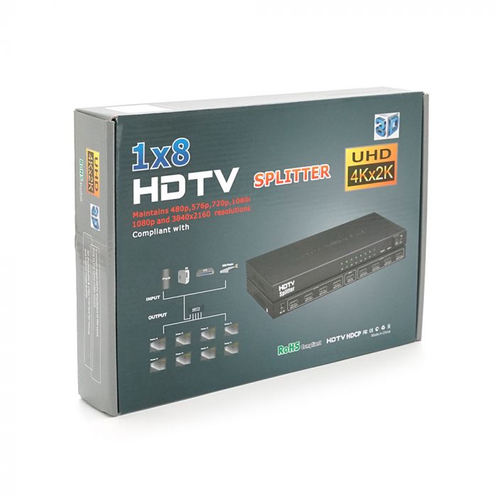 
					Активний HDMI спліттер 1 => 8 портів, 1080р, DC5V / 2A