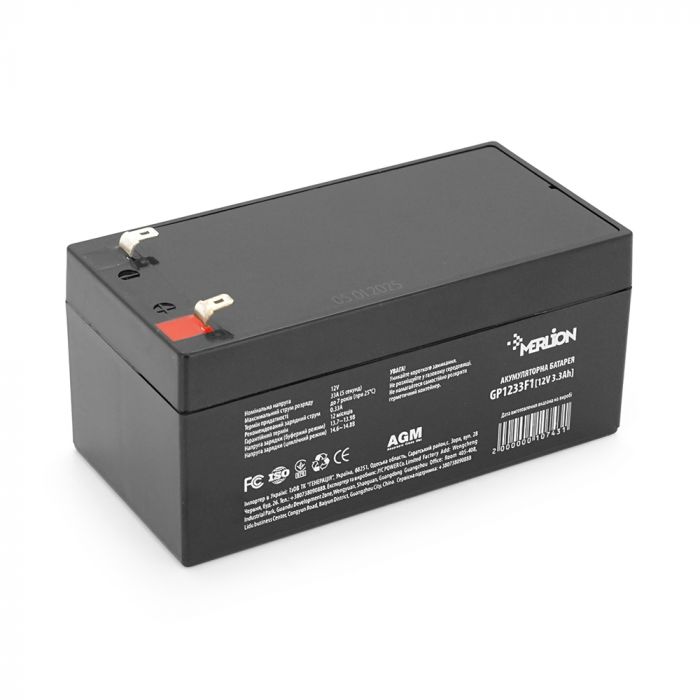 
					Акумуляторна батарея MERLION AGM GP1233F1 12 V 3,3Ah ( 134 x 66 x 60 (65) ) Q10