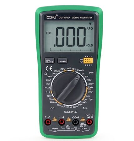
					Мультиметр BAKKU BA-890D Вимірювання: V, A, R, C (200*130*56) 0.52 кг (180*90*45)
