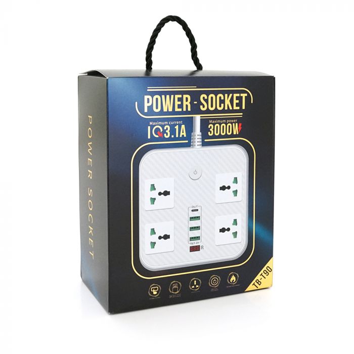 
					Мережевий фільтр ТВ-Т90, 4 розетки + 3 USB, 2 м, перетин 3х0, 75мм, 3000W, Black, Box