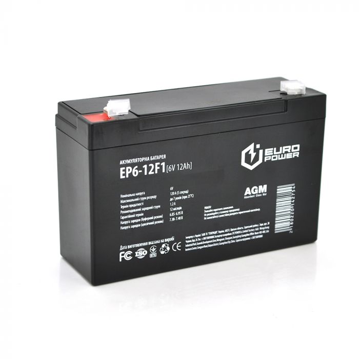 
					Акумуляторна батарея EUROPOWER AGM EP6-12F1 6 V 12 Ah ( 150 x 50 x 95 (100) ) Black Q10