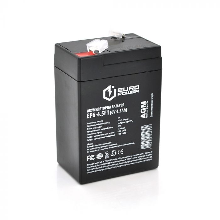 
					Акумуляторна батарея EUROPOWER AGM EP6-4.5F1 6 V 4.5 Ah ( 70 x 47 x 100 (105) ) Black Q20
