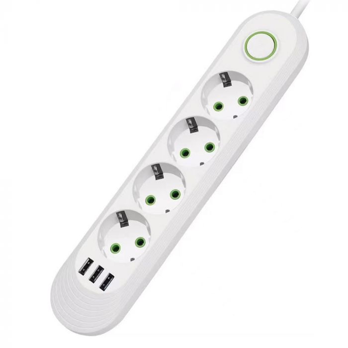 
					Мережевий фільтр F04U, 4 розетки EU + 3 USB, 1.5 м, перетин 3х0, 75мм, 2500W, White, Box