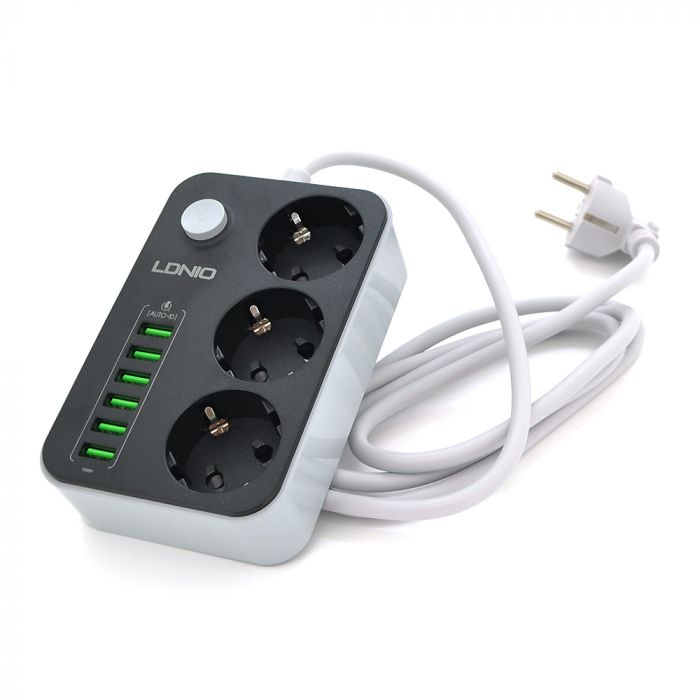 
					Мережевий фільтр LDNIO SE3631, 3 Розетки + 6 USB, 2 м, перетин 3х0,75мм, Black, Box