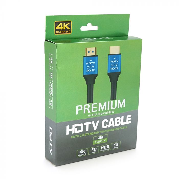 
					Кабель Merlion HDMI-HDMI 4Kx2K Ultra HD, 3.0m, v2,0, круглий Black, коннектор Blue, Blister-box, Q80