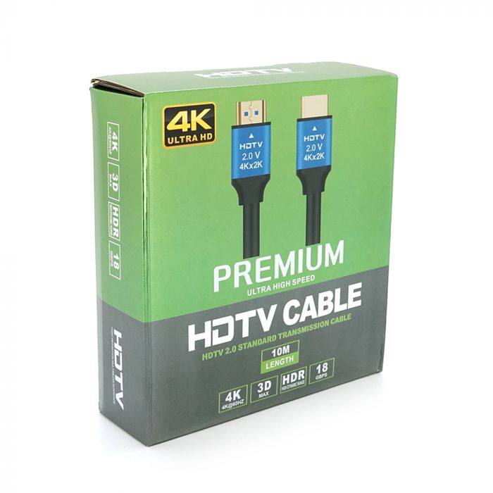 
					Кабель Merlion HDMI-HDMI 4Kx2K Ultra HD, 10.0m, v2,0, круглий Black, коннектор Blue, Blister-box, Q20