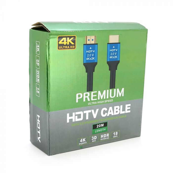 
					Кабель Merlion HDMI-HDMI 4Kx2K Ultra HD, 20.0m, v2,0, круглий Black, коннектор Blue, Blister-box, Q10