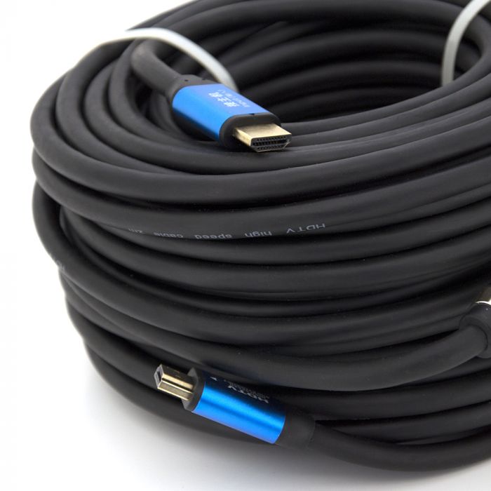 
					Кабель Merlion HDMI-HDMI 4Kx2K Ultra HD, 30.0m, v2,0, круглий Black, коннектор Blue, Blister-box, Q10