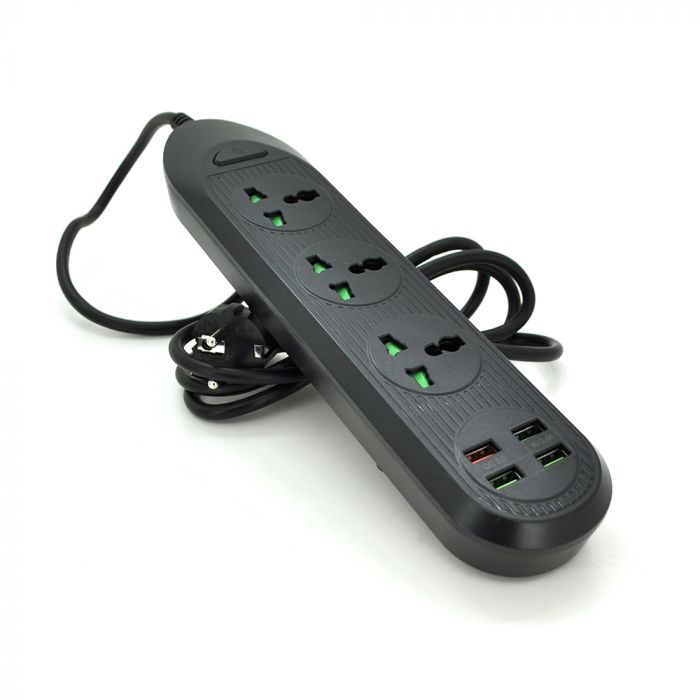 
					Мережевий фільтр ТВ-Т16, 3 розетки + 4 USB, 2 м, перетин 3х0,75мм, 3000W, Black, Box
