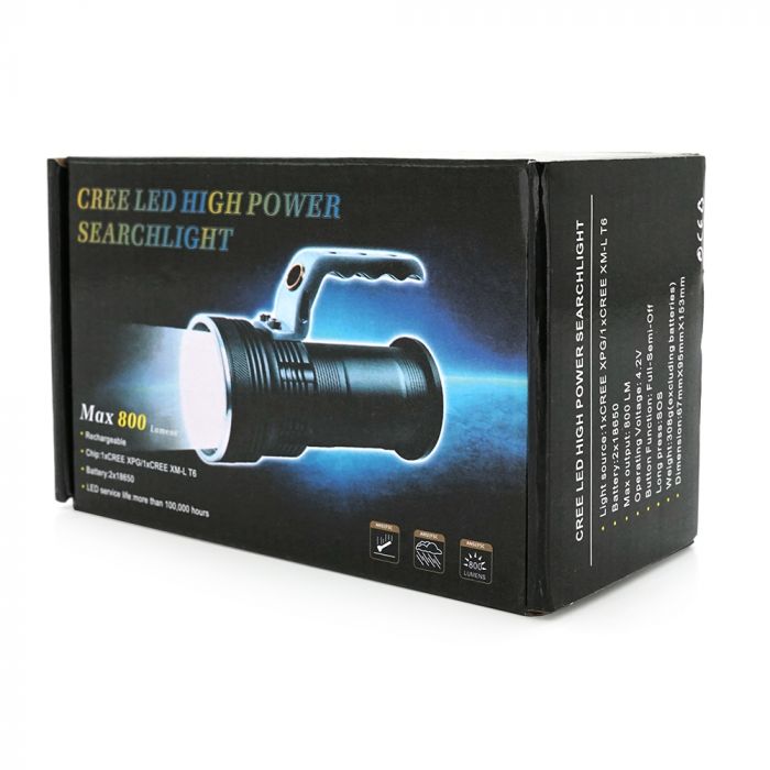 
					Ліхтар пошуковий GLH-3405, 1LED T6, 10W, 3 режими, 2*18650, Silver, IP40, СЗУ, перехідник, 150х65х95мм, BOX