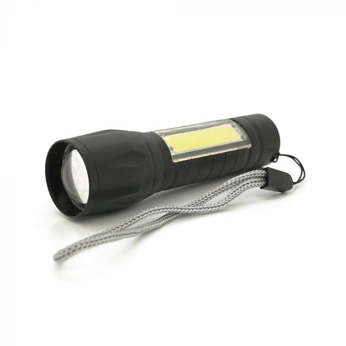 
					Ліхтарик 511COB, 3WLED+COB, CREE Q5, Zoom, 3 режима, алюміній, вбудований акум, USB кабель, 98х24х20, Box