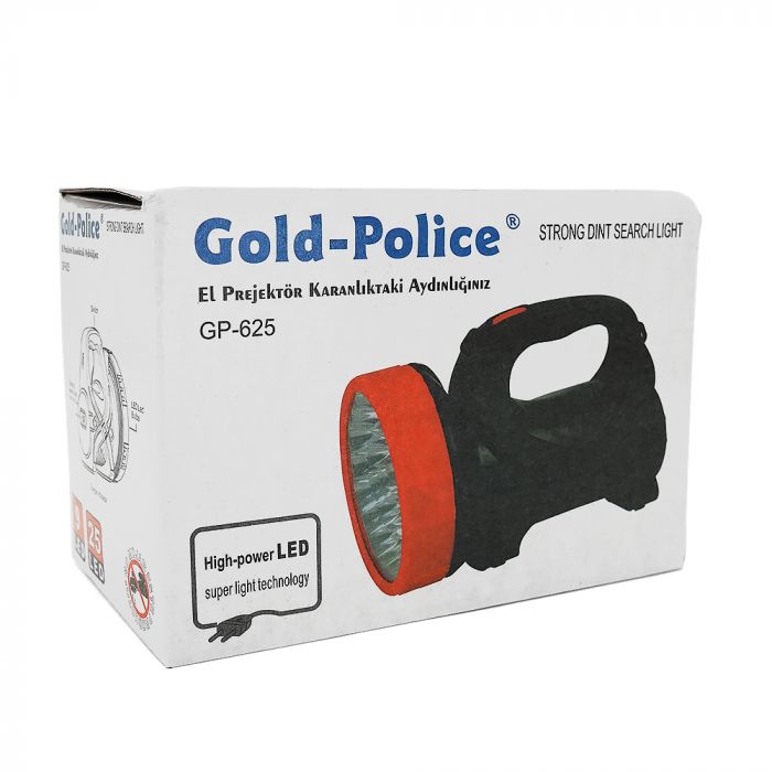 
					Ліхтар пошуковий Gold-Polise GP-625, 25+9LED T6, 10W, 1+1 режим, 1800mah, Black, IP40, кабель 220В, 200х120х140мм, BOX