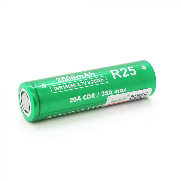 
					Акумулятор 18650 Li-Ion Vapcell INR18650 R25, 2500mAh, 20A, 4.2/3.6/2.5V, Green