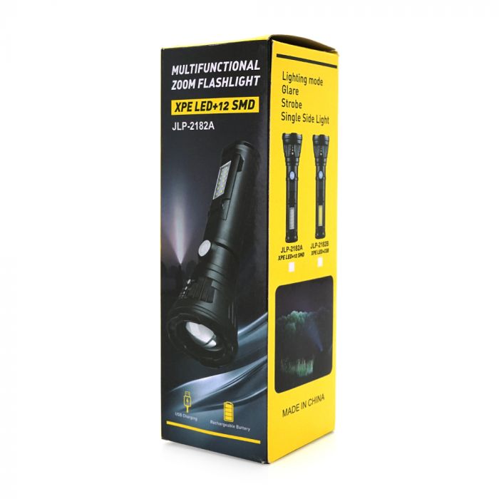 
					Ліхтарик ручний LATERNA JPL-2182A, 5W CREE Q5+COB, Zoom, 2+1 режим, вбудований акумулятор, IP40, 200х65х40. Blister