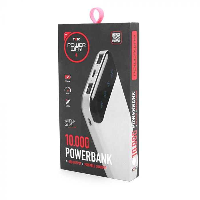 
					Powerbank TX-10 10000mAh, 2USB, White/Black, (245g), Blister