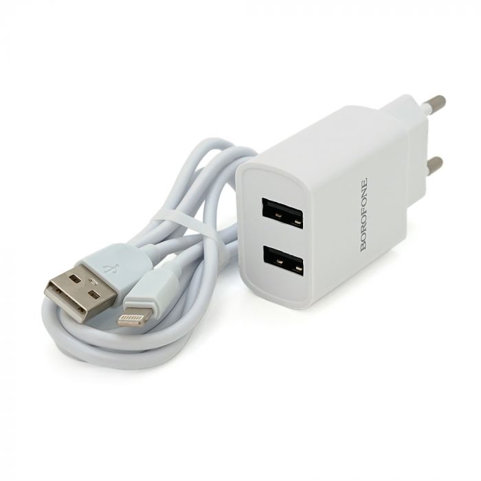 
					Набір BOROFONE BA53A СЗУ 1xUSB+ кабель Lighting, 2.1A, 1м, White, Blister-box