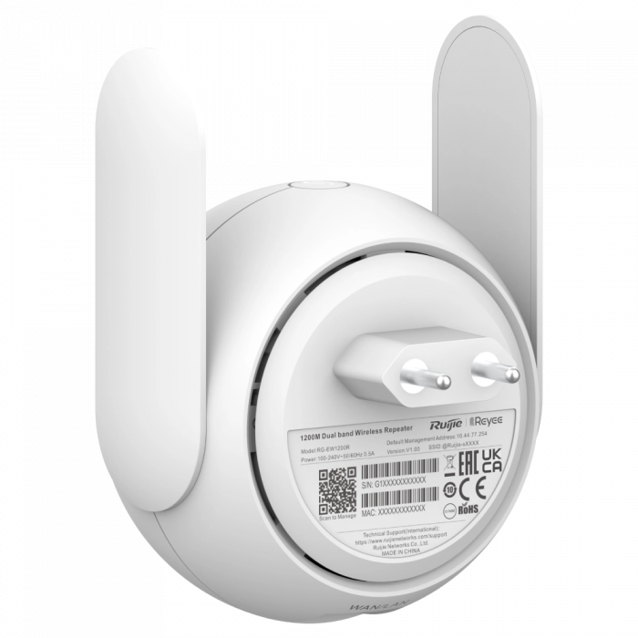 
					Двохдіапазонний Mesh Wi-Fi репітер Ruijie Reyee RG-EW1200R, 2.4 GHz/300 Mbps, 5 GHz/867 Mbps 128х102х60 мм