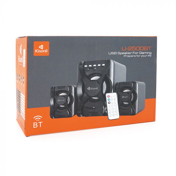 
					Колонки Kisonli U-2500BT, 5W+2x3W, USB/TF/BT/FM/AUX, із сабвуфером, DC: 5V, Black, BOX, Q30