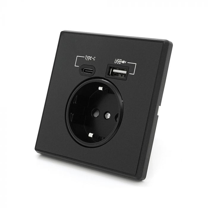 
					Розетка врізна із заземленням, Input: AC:110-250V/16A, Type-C/USB-виходи, Black
