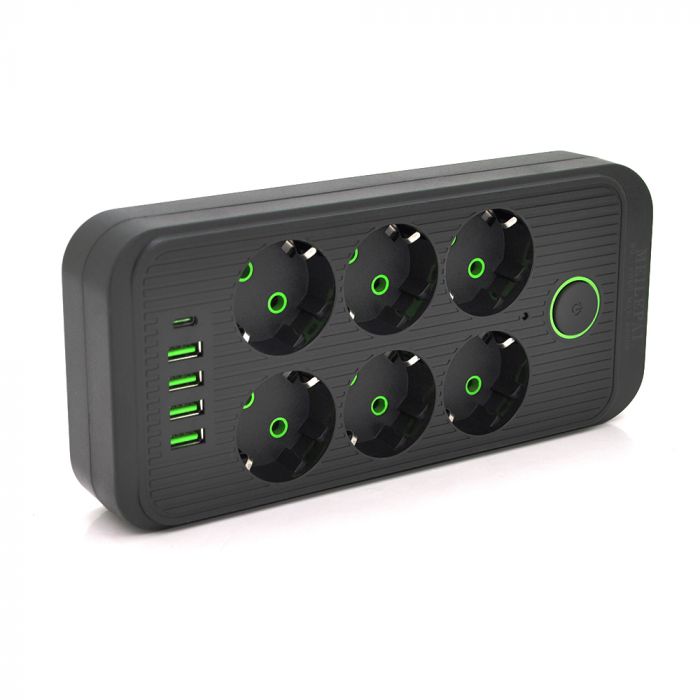 
					Мережевий фільтр F06U, 6 розеток EU + 4 USB+1PD, кнопка включення з індикатором, 2 м, 3х0, 75мм, 2500W, Black, Box