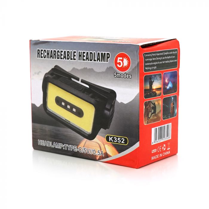 
					Налобний ліхтарик Voltronic K352,1 Cob, 3 Led red, 5 режими, корпус-пластик, водостійкий, ip44, живлення АКБ вбудований, USB Type-С - кабель, 6500K, BOX