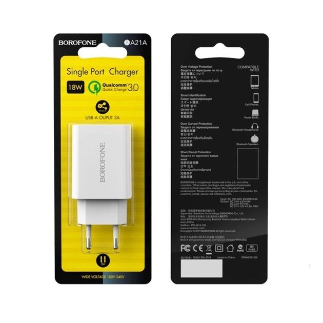 
					СЗУ BOROFONE BA21A 110-240V, 18W, 1xUSB, 5V/3A, White, Blister-box