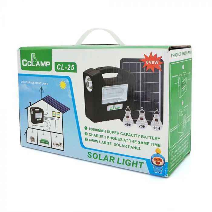 
					Переносний ліхтар CL25+ Solar, 1+1 режим, 1+15Led, вбудований аккум-Powerbank 10000mAh, 3 лампочки 3W, USB вихід, Black, Box