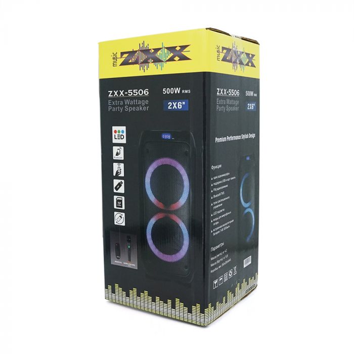 
					Потужна акустична система з підсвічуванням ZXX-5506, 500W, Bluetooth мікрофон, вбудований акум 3000mAh, живлення 220В, Black, Box
