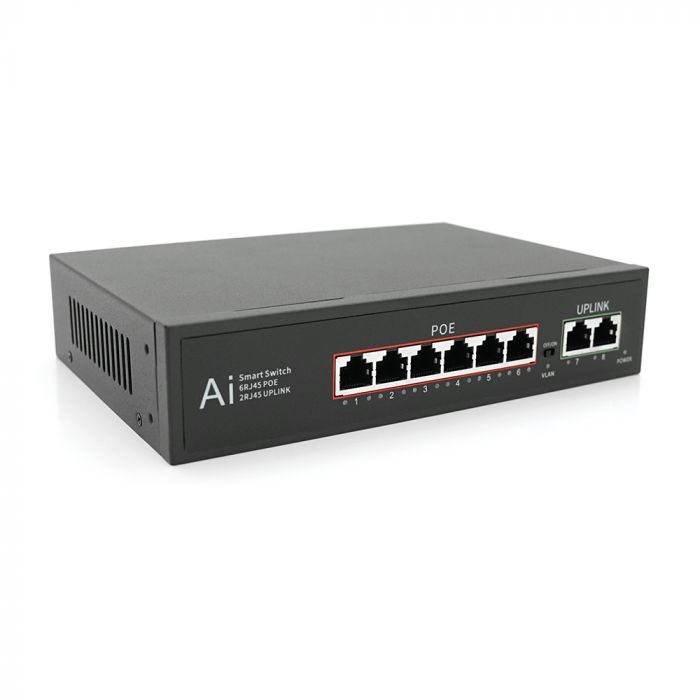 
					POE комутатор Merlion 6 POE 10/100 + 2 RJ45 10/100 вбудований блок живлення 52V 1.25A