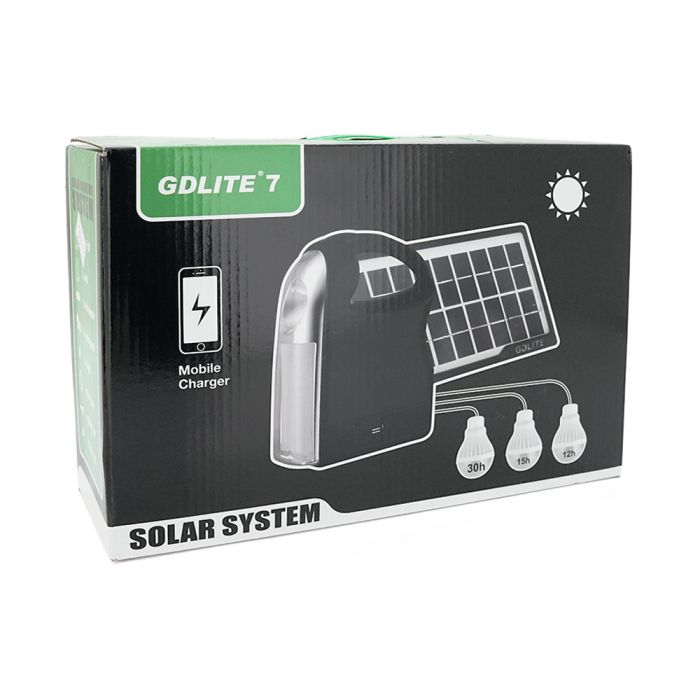 
					Переносний ліхтар GD-7+ Solar, 1+1 режим, вбудований акум, 3 лампочки 3W, USB вихід, Black, Box