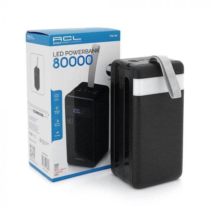 
					Powerbank ACL PW-54 80000mAh, 4xUSB, 4 кабелі (USB/Micro/Type-C/Lighting), 1,4 кг, Black/White, Box