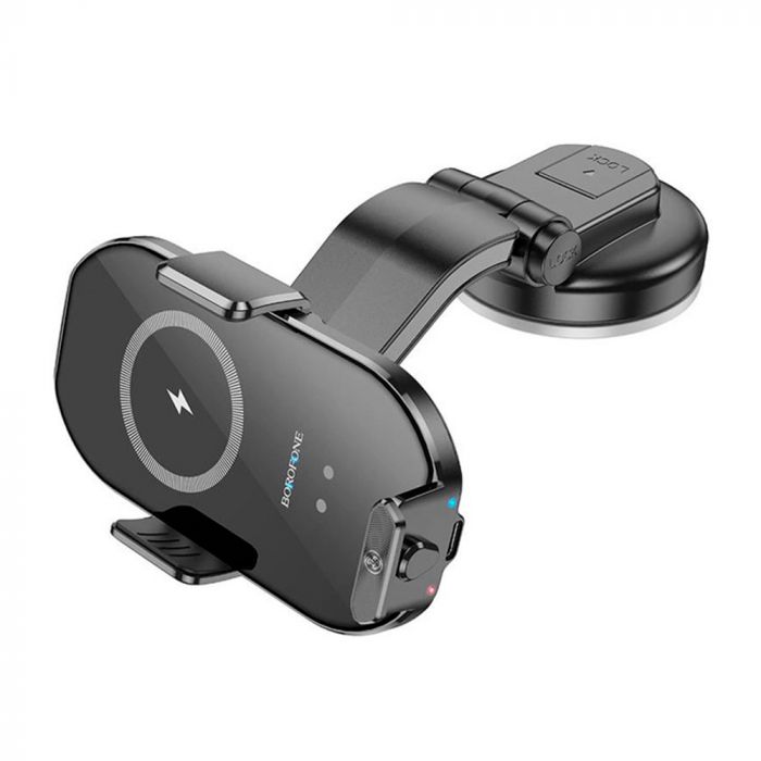 
					Автотримач BOROFONE BH206+ Wireless Charging 15W, кріплення на торпеду, клямка 50-90мм, Black, Box
