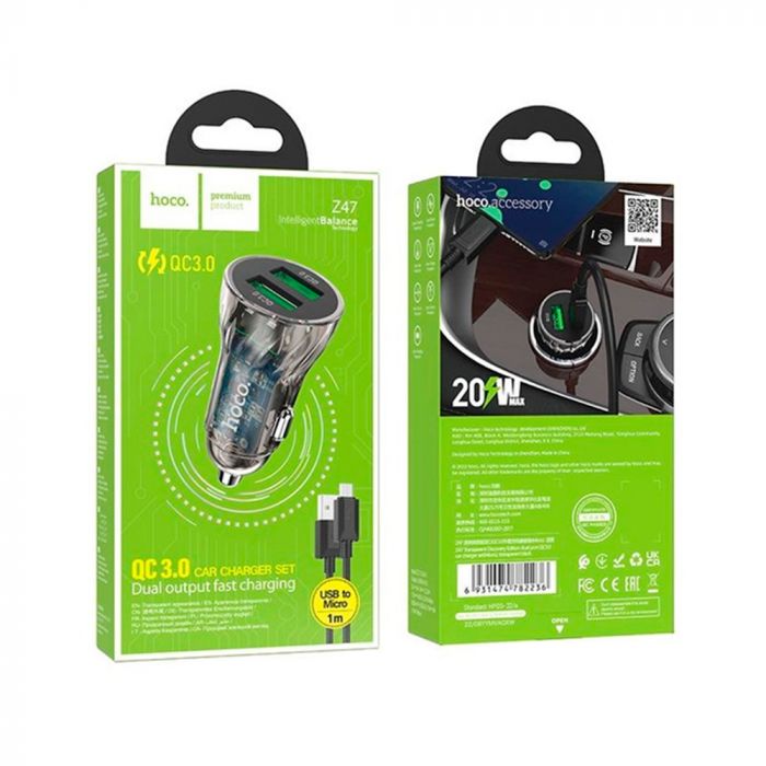 
					Набір АЗУ 12-24V HOCO Z47 кабель Micro, 2xUSB 3.0, 2.4A, кабель 1м, Black, Box