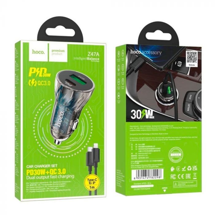 
					Набір АЗУ 12-24V HOCO Z47A+ кабель Lighting, USB 3.0+USB-C, 3A, кабель 1м, Black, Box