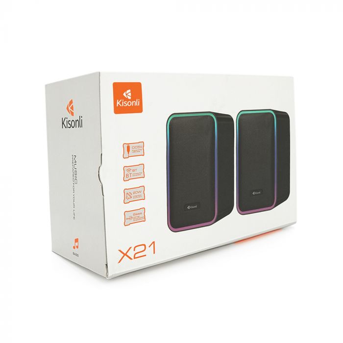 
					Колонки Kisonli X21B, 2x10W, USB/RGB light/BT, DC: 5V/1-2A, Black, BOX, Q15