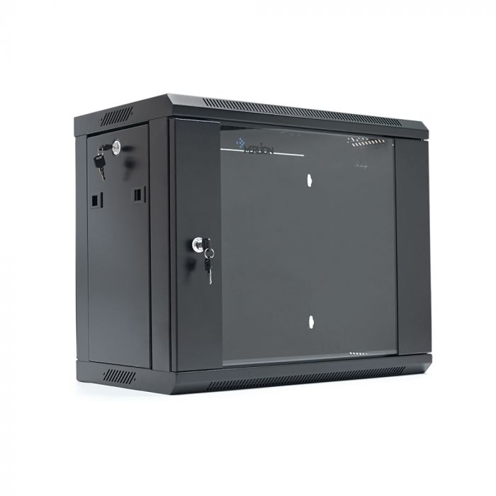 
					Шафа Merlion 9U, 600*350*500 (Ш*Г*В) мм загартоване скло, чорна, сталь 1,2мм, із замком (у розібраному вигляді!!!), Black