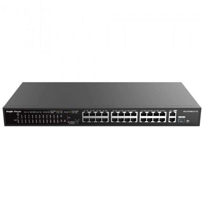 
					24-портовий некерований PoE комутатор Ruijie Reyee RG-ES126S-P V2, 24x10/100BASE-TX та 2x10/100/1000BASE-T+ 1 Combo port