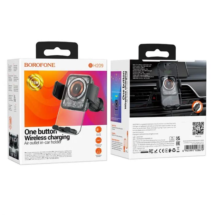 
					Автотримач BOROFONE BH209+ Wireless Charging 15W, кріплення на решітку, клямка 50-90мм, Black, Box