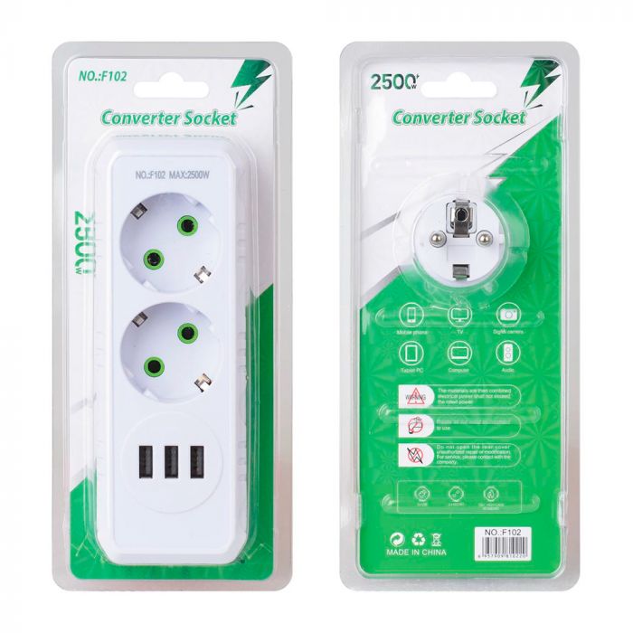 
					Розетка трійник із заземленням F102-White, 2 розетки+3USB(1А), 2500W, 10A, 110-250V~Max, Blister