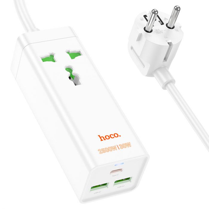 
					Мережевий фільтр HOCO AC9A на 1 розетку + 2 USB+USB-C, 30W, 220В, кабель 1,5м, White, Box