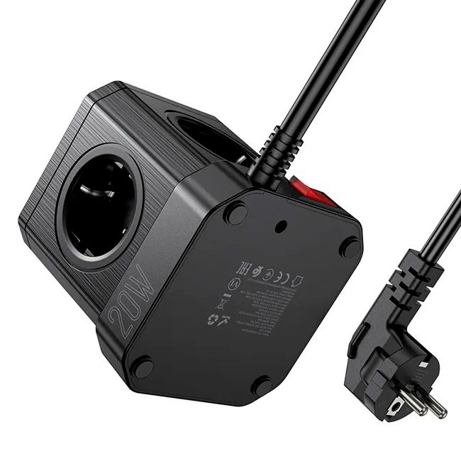 
					Мережевий фільтр HOCO NS8 на 5 розеток + 3 USB + USB-C, 20W, кабель 1.1м, 220В, Black, Box