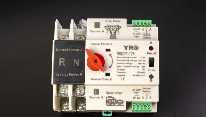 
					Автомат введення резерву (АВР) двополюсний YRQ2PC-125, 220V/125A на DIN-рейку для генераторів