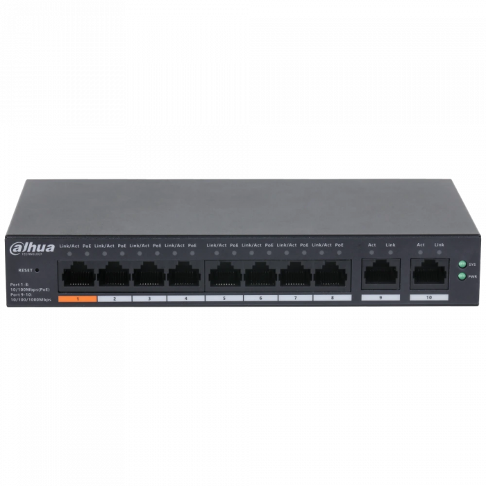 
					8-портовий керований PoE комутатор DH-CS4010-8ET-60 з 8 портами POE 100Мбіт + 2 порти UP-Link 1000Мбіт, 60Вт, 130×90×26 мм